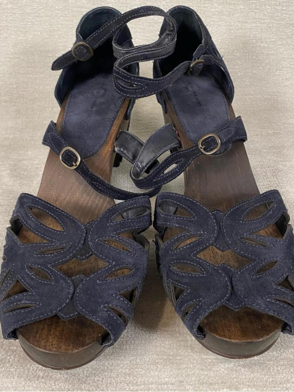 Anthropologie Billy Ella Navy Genuine Leather Sandal 3 Inch Heel Buckles Wooden